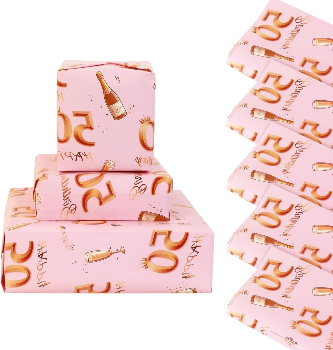 Inpakpapier voor 50e verjaardag, 5 vellen 70 x 50 cm, roségoud en roze, feestelijk cadeaupapier voor verjaardagsdecoraties en geschenken voor vrouwen en meisjes