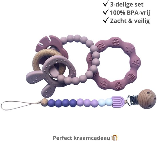 Zibbi Siliconen Bijtring & Speenkoord Set - 3-delig - BPA-vrij - Baby Bijtring - Speenkoord - Baby Cadeau - Soft Lila - 0+ maanden van Zibbi — afbeelding 2
