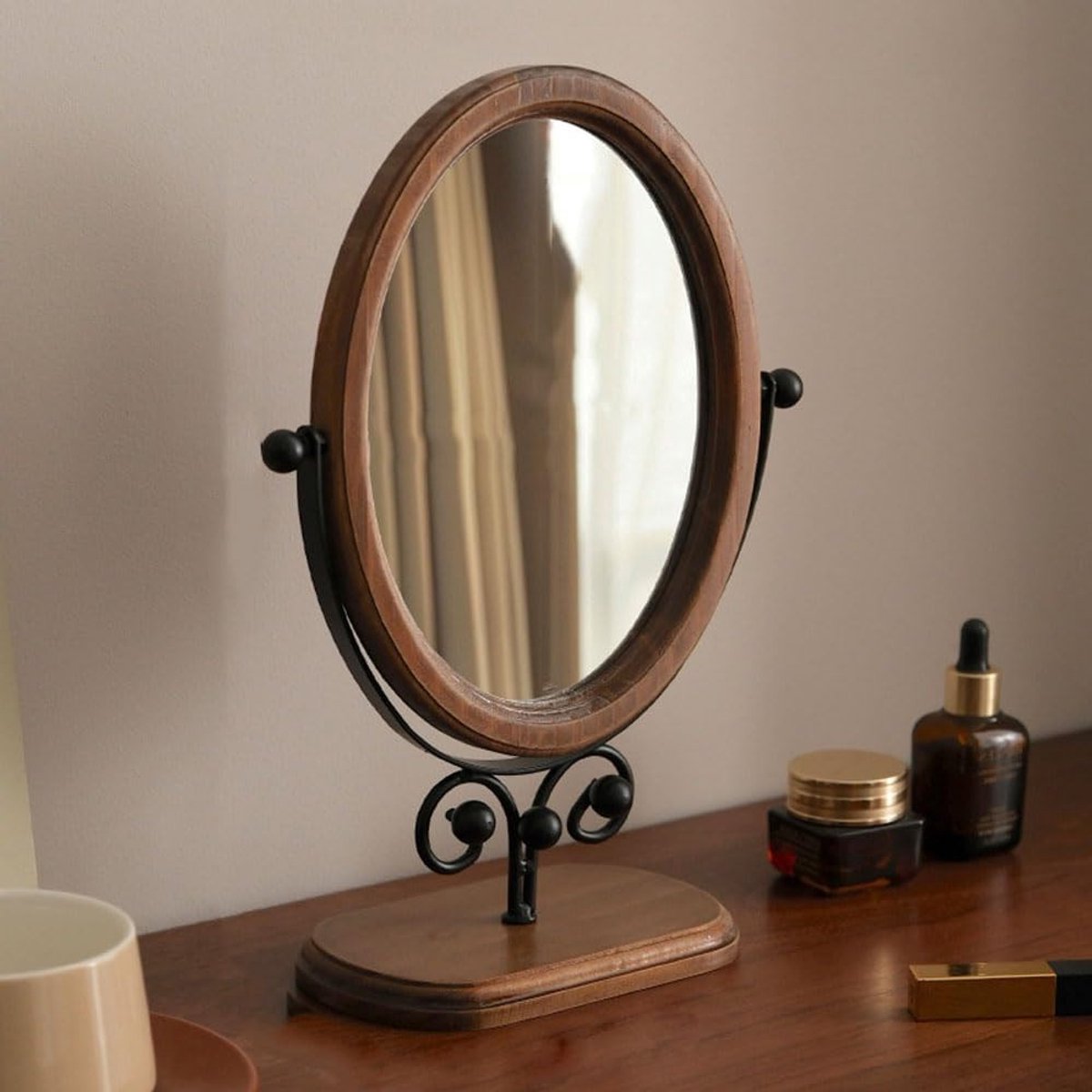 Elegante Ovale Houten Make-up Spiegel met Stand voor Bureau of Slaapkamer - Vrijstaand en Geschikt voor Badkamer