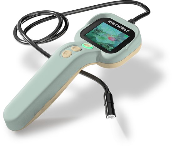 Caméra d'inspection Kidywolf vert clair avec accents beiges, câble flexible et une caméra éclairée à l'extrémité.