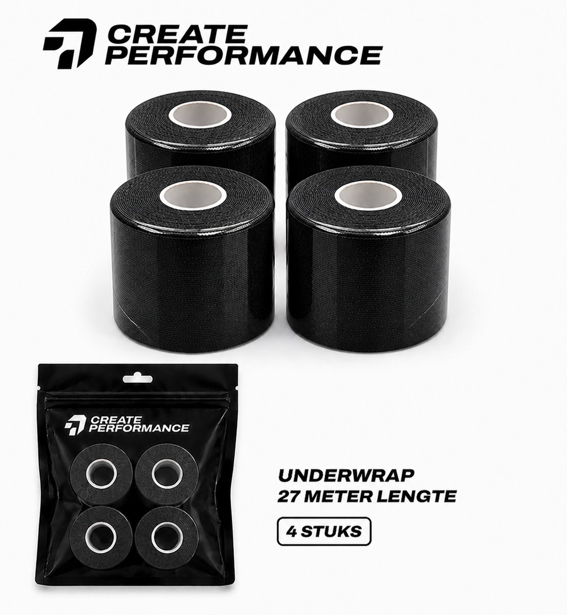 CREATE PERFORMANCE Underwrap tape - Voetbaltape - Fysio tape - Zwart - 4 stuks