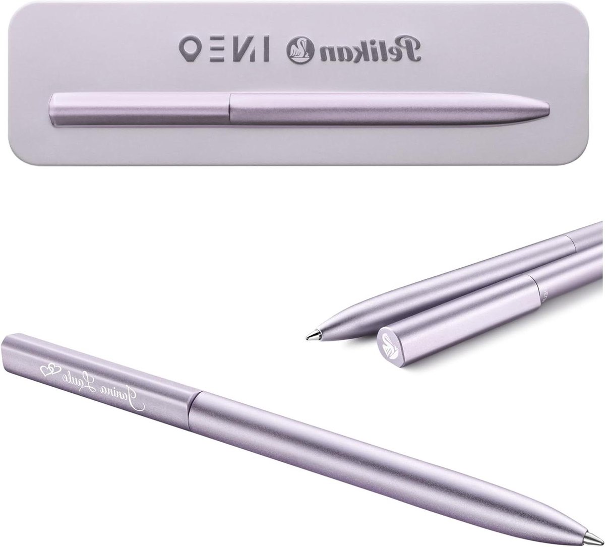 Balpen met gravure - Pennenset cadeau - Persoonlijk cadeau - Uniek cliploos design - Medium punt - Paars violet
