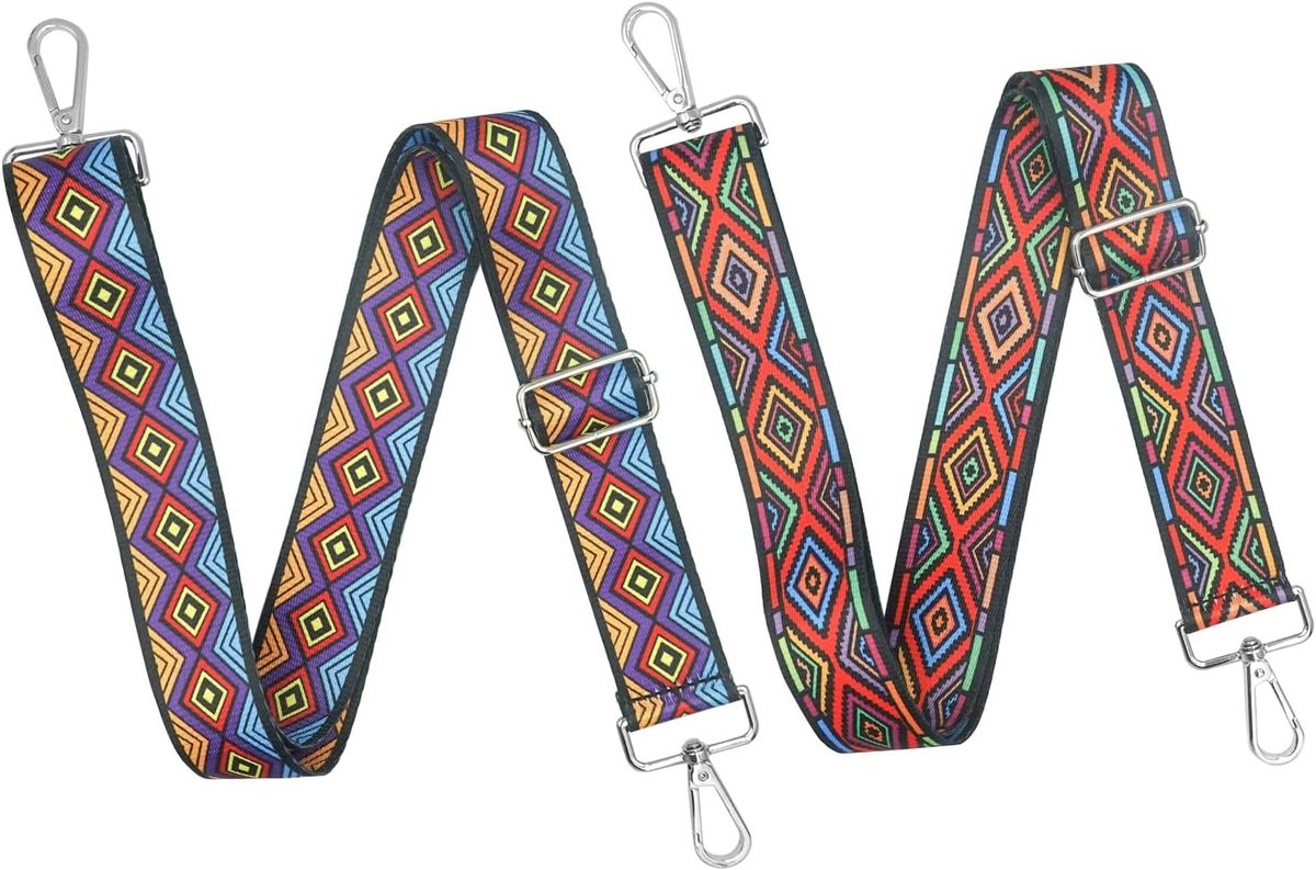 Verstelbare Boho Schouderband 73.5-132cm - Vervangende Tasband met Leer en Zilver Metalen Haakjes, Kleurvolle Ruitpatroon voor Handtassen en Rugzakken
