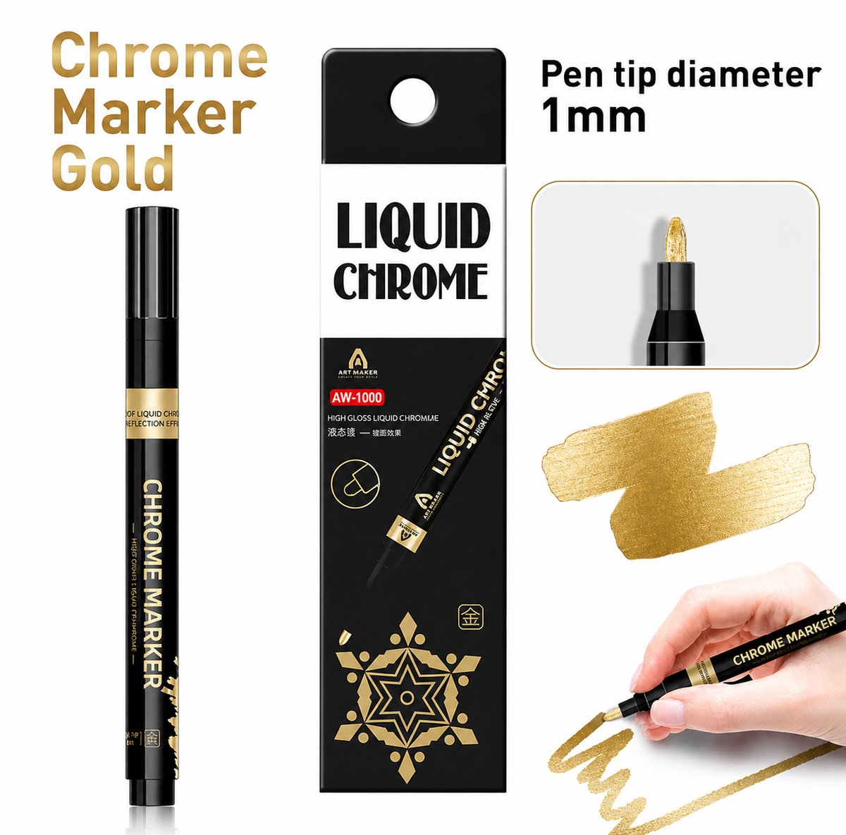 TLVX Gouden Chrome Marker / Permanente Chrome Markeer Stift Goud / Glas / Rubber / Metaal / Papier / Kunststof / Permanente marker pen voor Auto / Motor / Scooter / Fiets / E-Bike / Fatbike / Hobby / Bandenstift / Gold Spiegel Chroom Waterproof