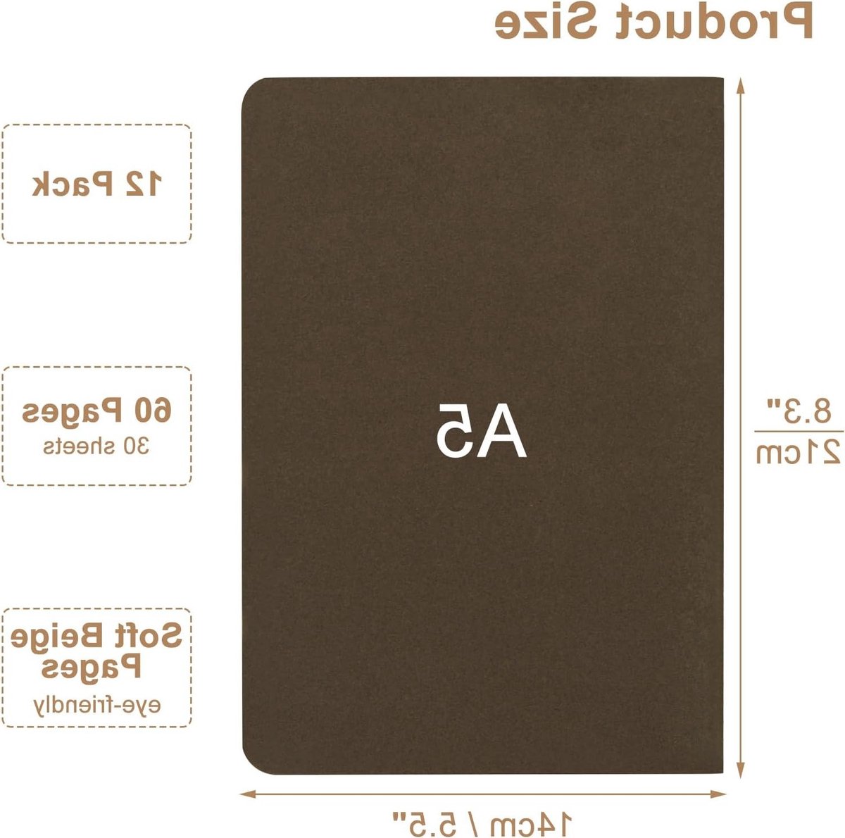 Set van 12 Gelijnde Notitieboeken, Reisdiairy met Bruine Kraft Kaft, Perfect voor Tekenen en Notities, 60 Pagina's per Boek
