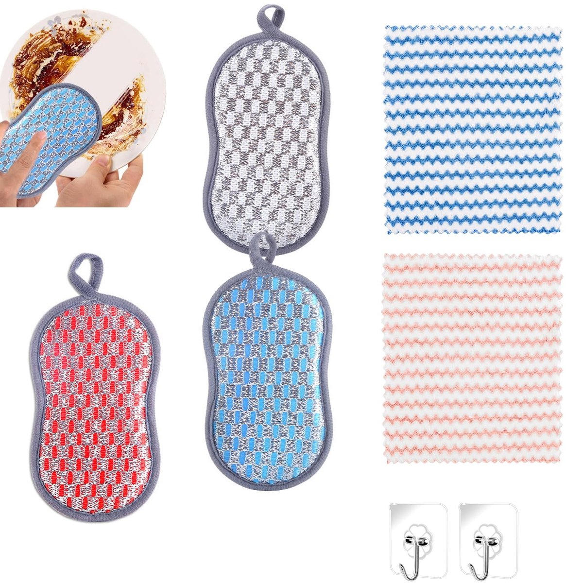 Set van 3 Herbruikbare Microvezel Sponsen met 2 Doeken en 2 Haakjes voor Keuken