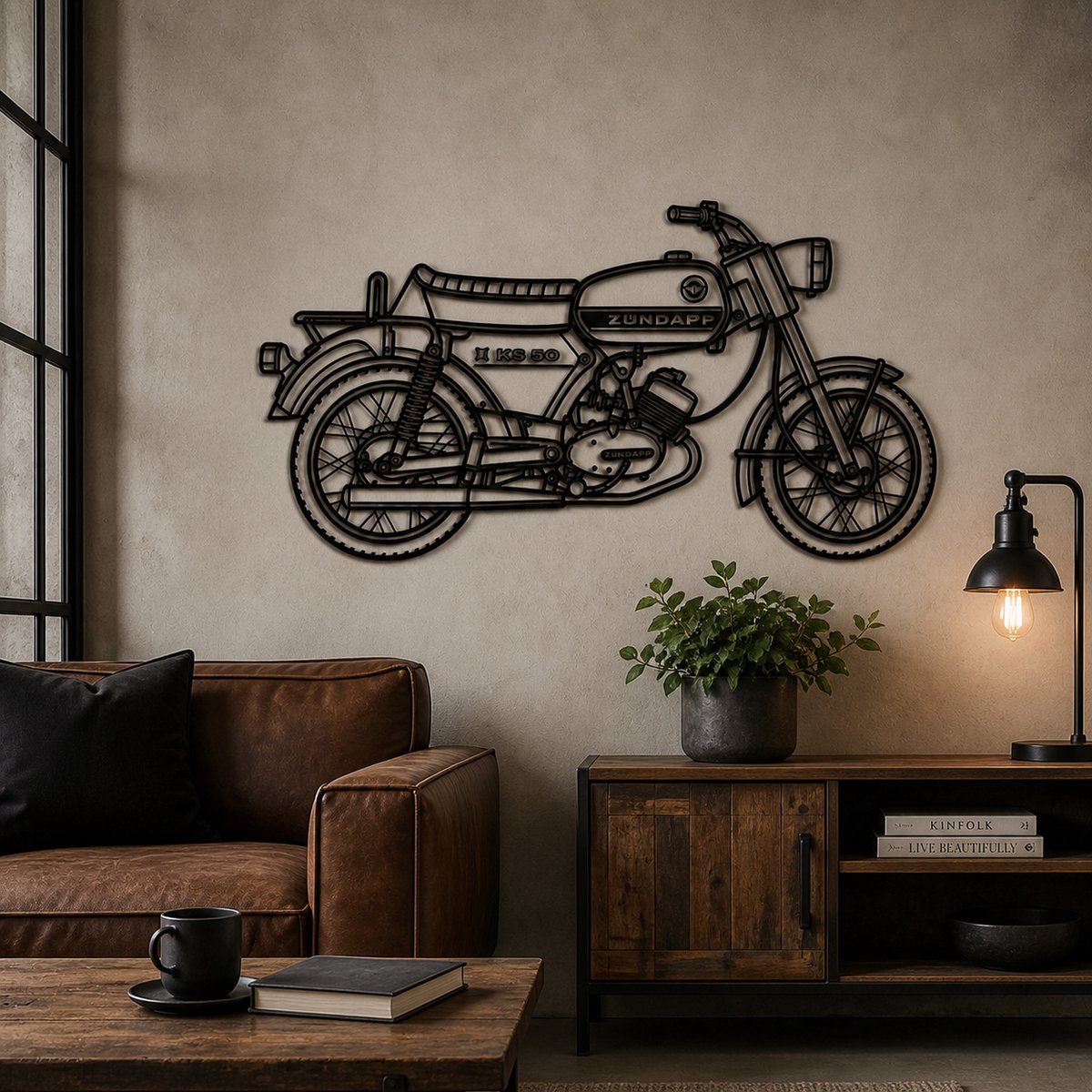 Zündapp KS 50 Wanddecoratie Hout 35 cm – Lasergesneden Motor Wandkunst – Vintage Motorfiets Decoratie – Retro Motor Art – Mancave Garage Woonkamer – Cadeau voor Motorliefhebbers – Klassieke Motor Decoratie