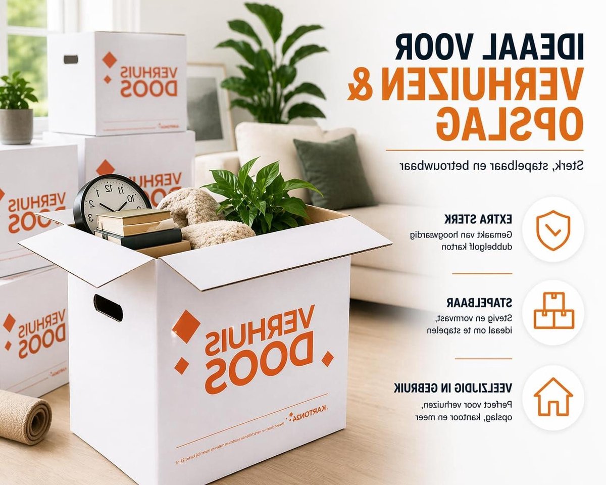 Verhuisdozen - Opslagdozen - Verhuizen en Opslag - Extra Sterk Dubbel Golfkarton - 52L Inhoud - Wit/Bruin
