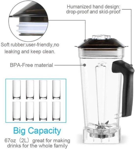 Vierkante blenderkan - Reserveonderdeel mixer - Grote hoeveelheden mixen - BPA-vrij materiaal - 2 liter inhoud - Transparant — afbeelding 4