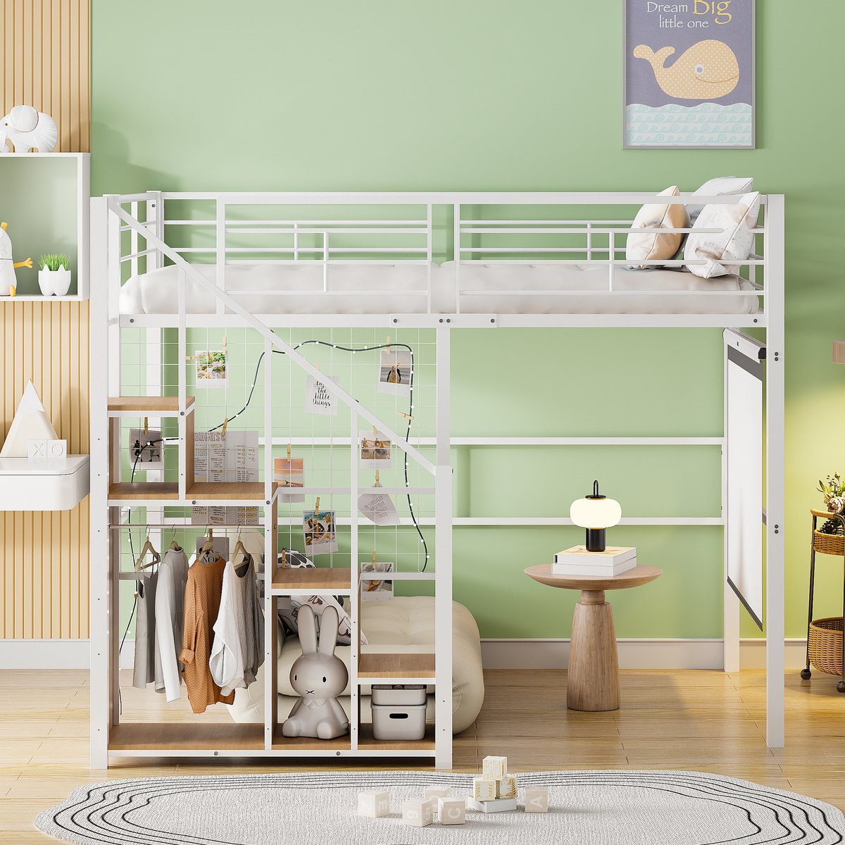 VVBV Hoogslaper 140x200 – Ladder – Metalen Frame – Wit – Voor Kinderen en Tieners – Hoogslaper met Trap – Lades – Opbergruimte – Hoogslaper met Kast White