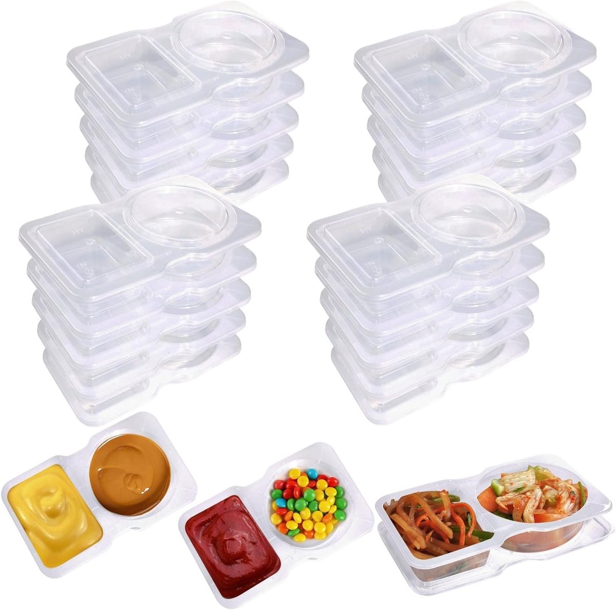 20 Stuks Kruidcontainers met 2 Compartimenten, Herbruikbare Snackdozen voor Sauce, Snacks en Dips, Mini Plastic Potjes met Deksel voor Magnetron en Koelkast