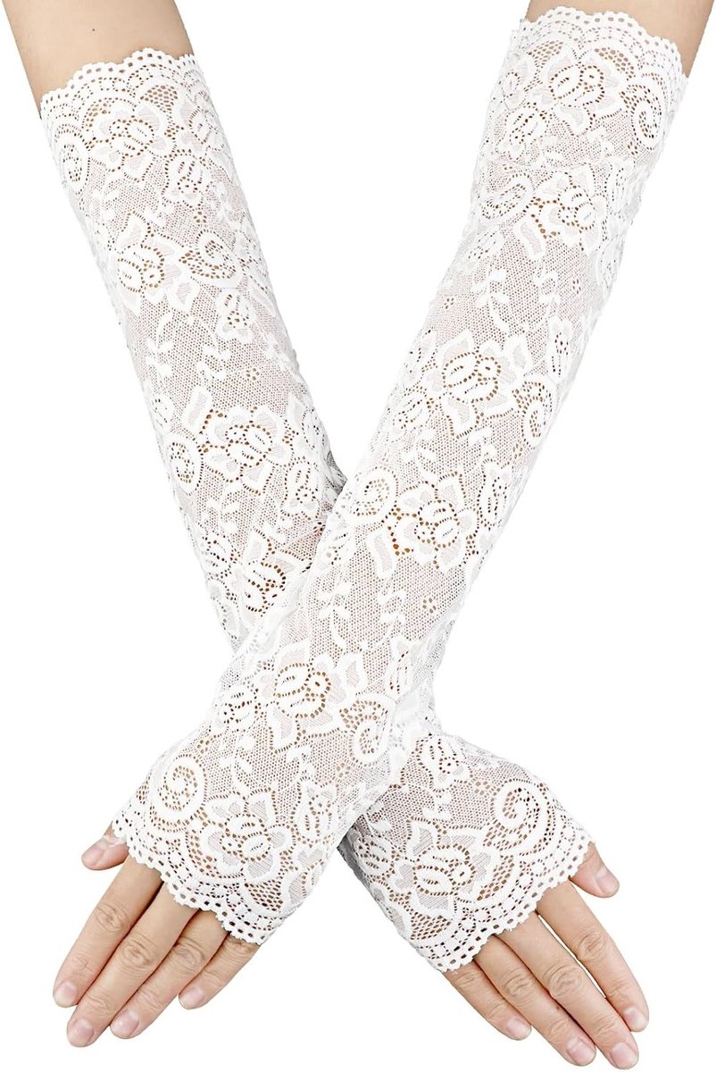 Elegante Lange Bloemen Kant Vingerloze Ellebooglange Mouwhandschoenen voor Theeparty, Wit, One Size - Perfect voor Bruiloften, Feestjes en Speciale Gelegenheden