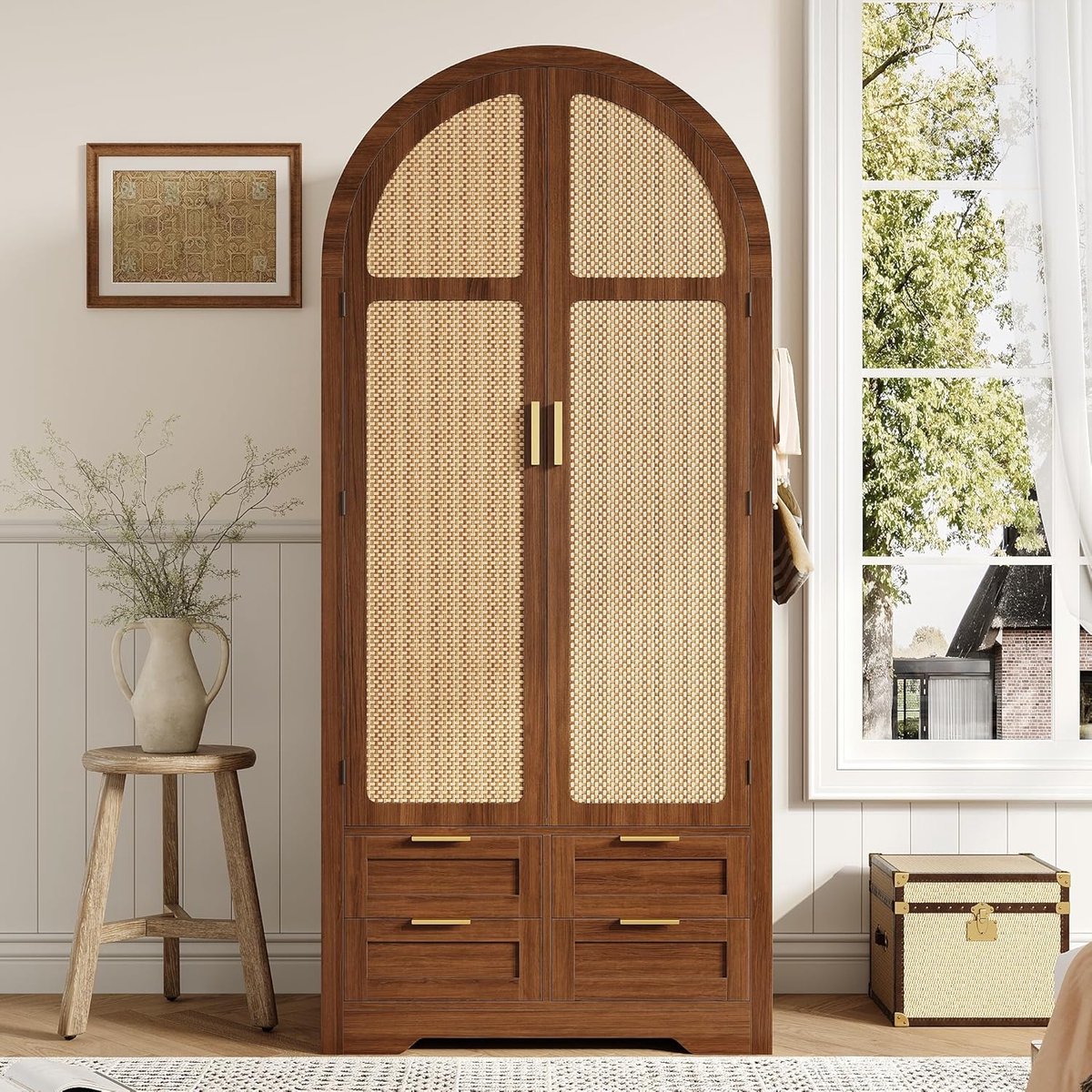 Kledingkast met stoffen deuren en lade & kapstok – Walnootlook kledingkast 79B x 50D x 175