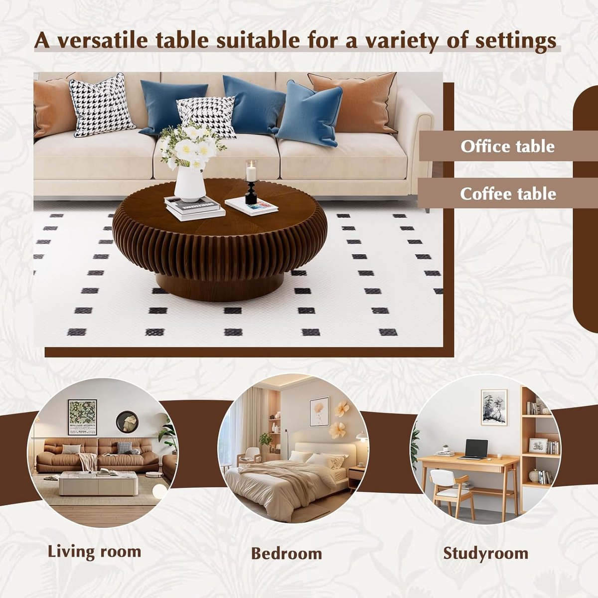 Ronde Salontafel 80x80x35 cm Modern Ribbel Design Walnoothout MDF Houten Koffietafel Compact Design – Faisal