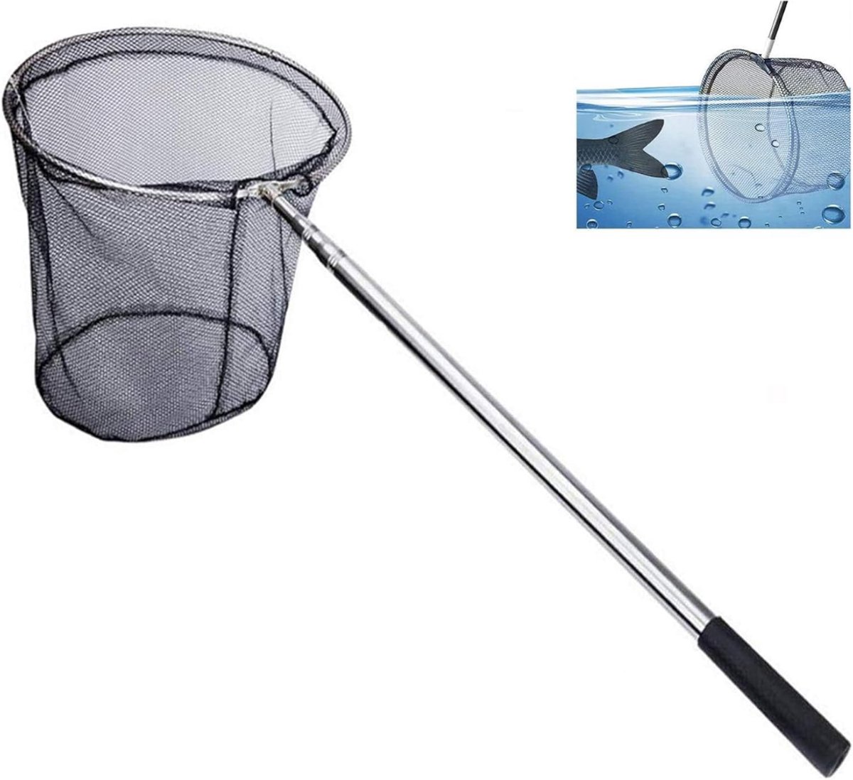 YOR® Schepnet Vissen - Visnet - Telescoop Schepnet - Duurzaam Net met Rubberen Coating - Zilver - 5cm x 22cm x 59cm
