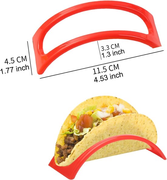 Een rode taco houder met afmetingen 11.5x4.5 cm. Een gevulde taco in een rode houder.