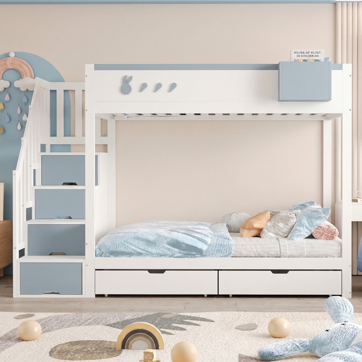 VVBV Stapelbed 90x200 – Kinderstapelbed met Opbergruimte, Lades en Opbergrekken – Wit – Lattenbodem – Voor Kinderen en Tieners – Stapelbed met Kast White+Blue