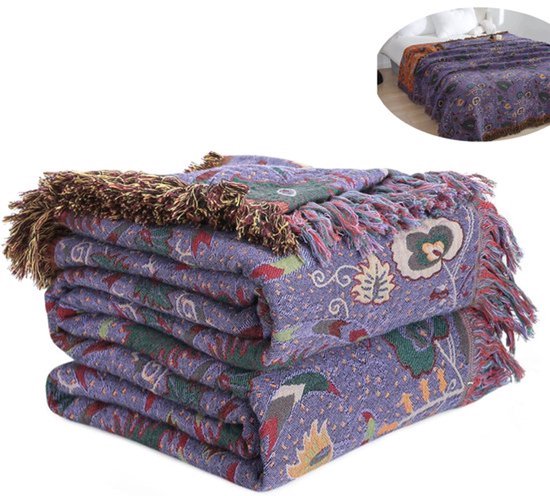 KZQ 100% Katoen Deken Boho Ultra Zacht, Omkeerbare Deken met Dubbelzijdige Vogel en Bloem Borduurwerk, 150 x 200 cm Ademend All Seasons Dekbed voor Bank Bed, Sprei met Franjes, Lichtgewicht Decoratie Hondenkussen Stijl 8