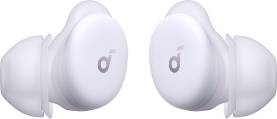 Twee lichtpaarse oordopjes, opgeladen.