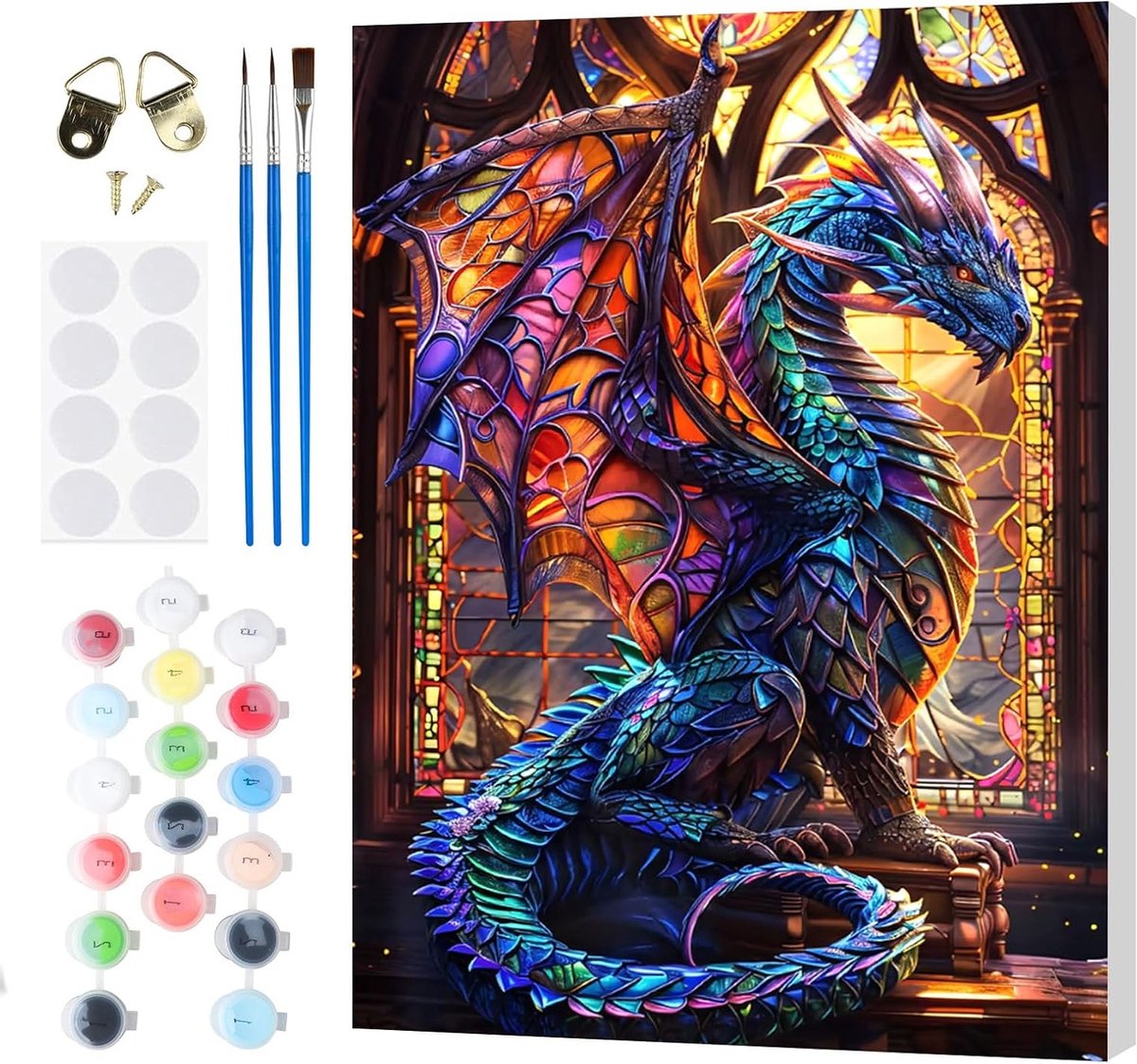 Dragon Schilderen op Nummer 20 x 30 cm voor Beginners en Volwassenen, Dieren Set Compleet met Hoogwaardige Canvas, Olieverf Kwast en Lijst, Creatieve Hobby voor Thuis