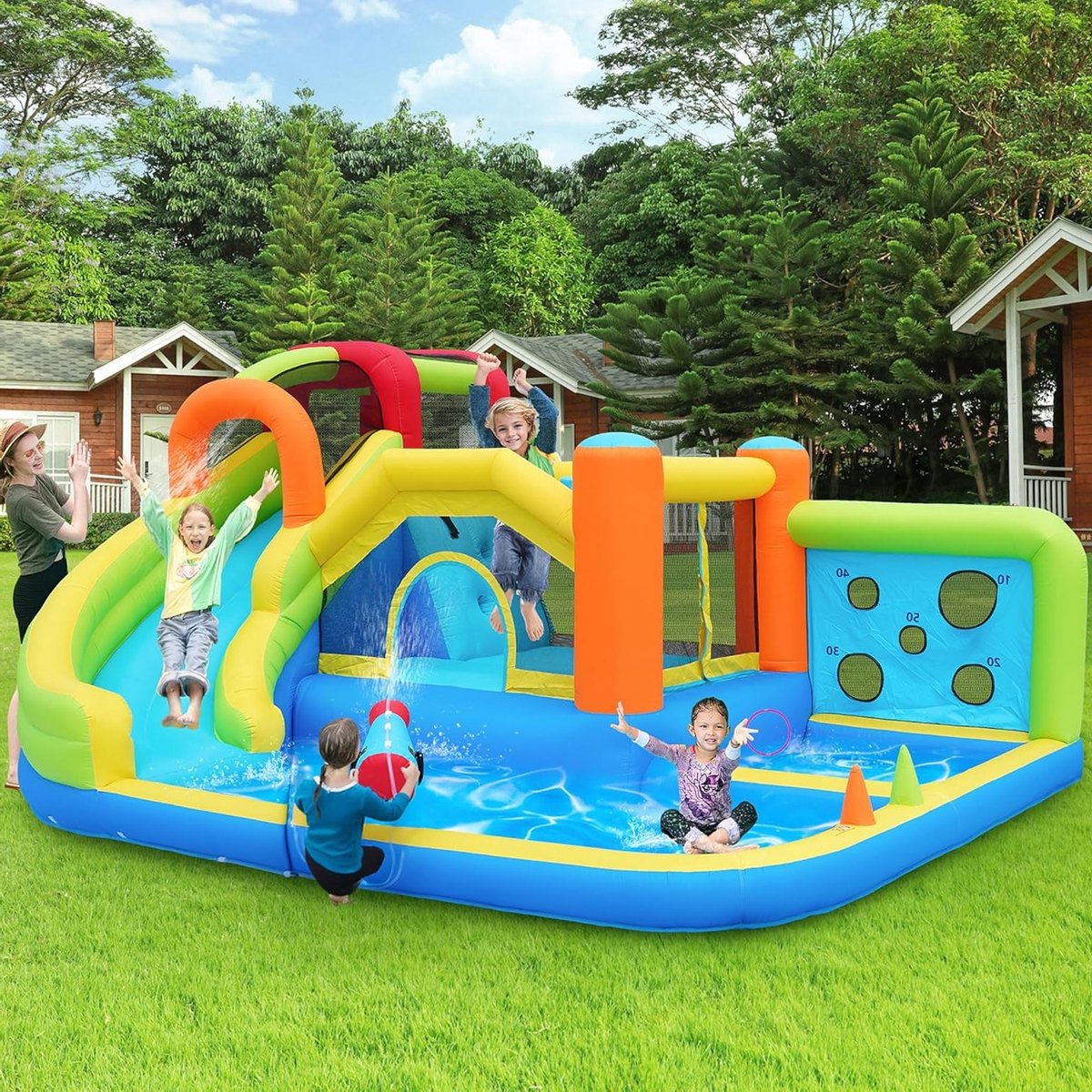 Groot opblaasbaar springkasteel met waterglijbaan en trampoline – Kinderwaterpark met klimwand, waterpistolen en kinderbadje, perfect voor tuin en binnen, 410 x 315 x 203 cm, vanaf 3 jaar