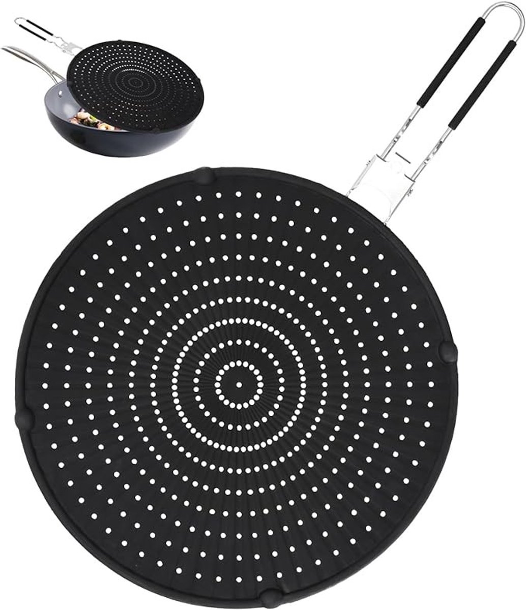 Siliconen spatbescherming voor pannen, 32 cm, inklapbare handgreep, zwart