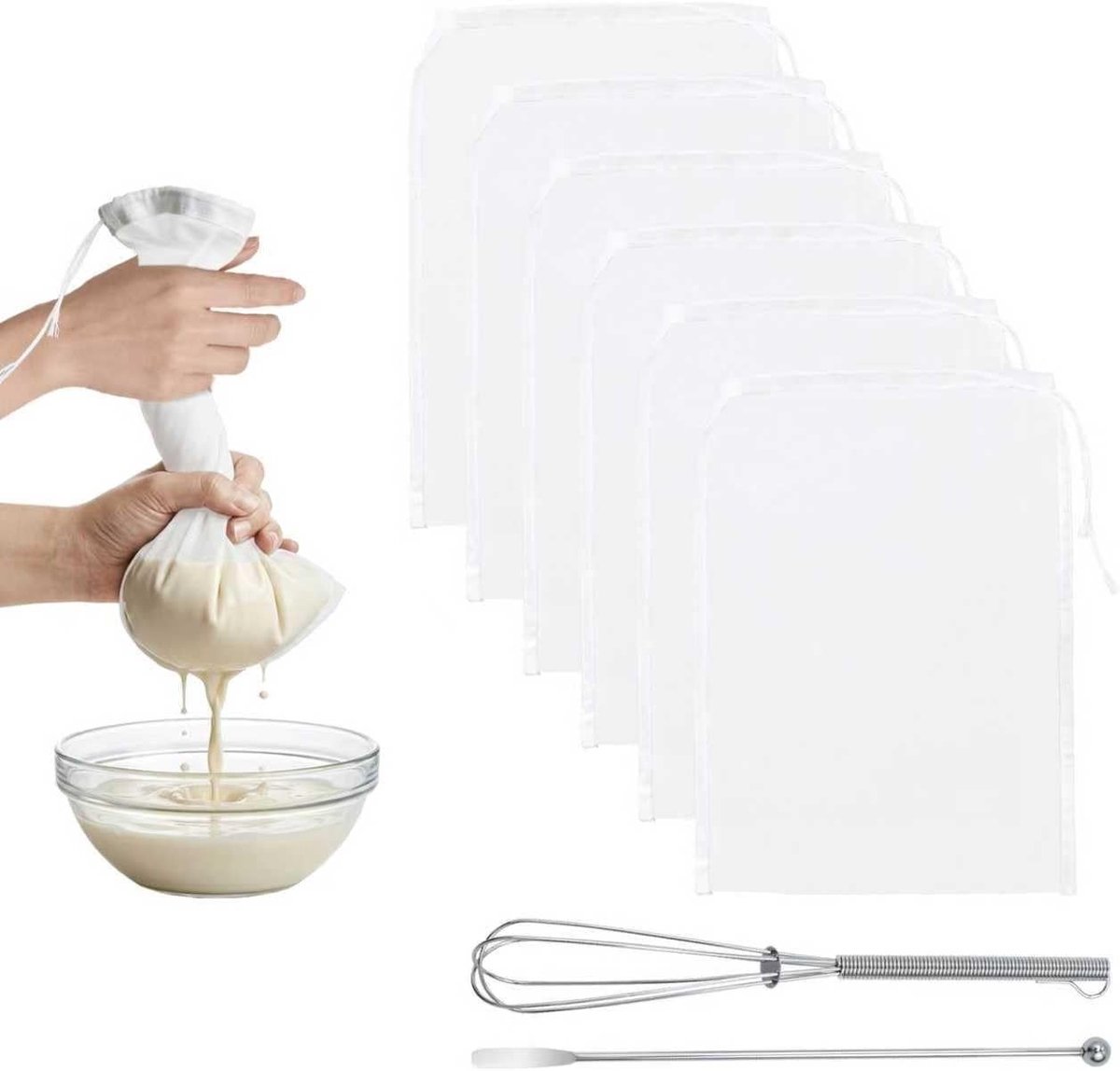 Herbruikbare Notenmelkzak met RVS Garde en Roerstaaf - Set van 6, 30 × 20 cm, Ideaal voor Filteren van Yogurt, Fruitsappen en Groentesappen