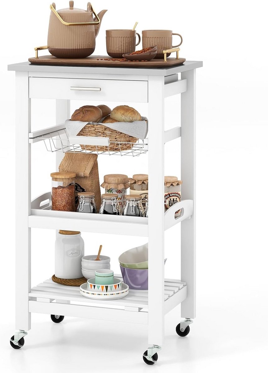 Mobiele Keukentrolley met RVS Werkblad, Buffetkar met Lade en Plank - Wit