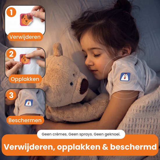 Stappenplan: Verwijderen, Opplakken, Beschermen. Meisje slaapt met sticker op haar pyjama.