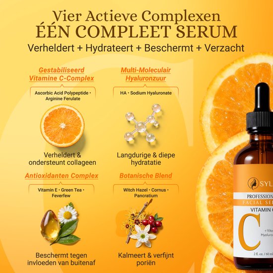 Illustraties van de actieve ingrediënten van Sylk Vitamine C serum: gestabiliseerde vitamine C, hyaluronzuur, vitamine E en botanische ingrediënten.