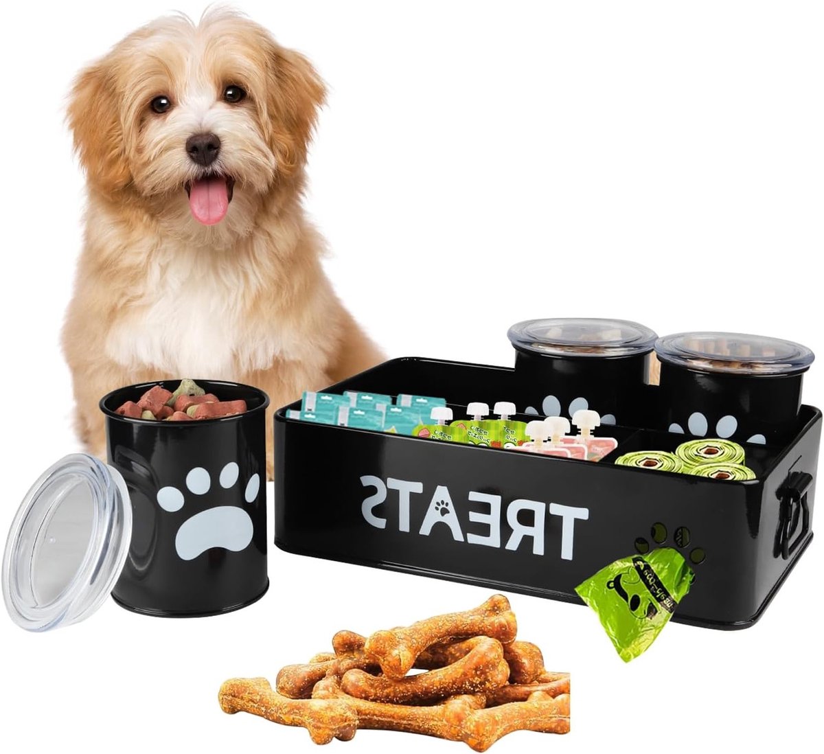 Multifunctionele Opbergdoos voor Hondensnacks - Voedselcontainer met 3 Opslagpotten, Voor Honden en Katten, Ideaal voor Koekjes en Snoepjes, 36 x 22.5 x 17 cm (Zwart)