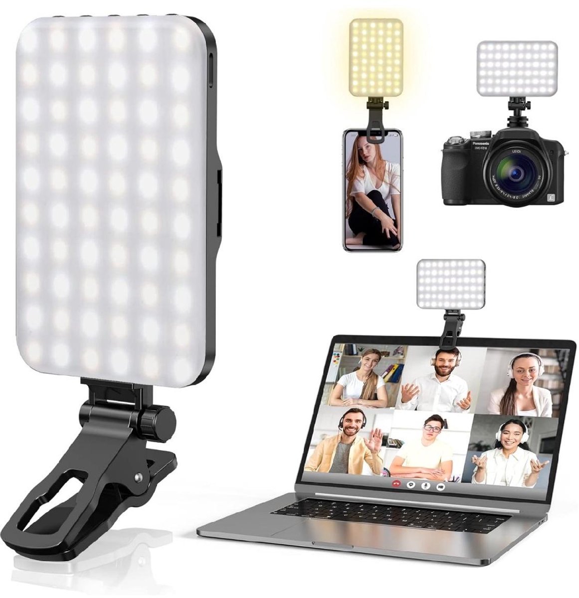 GELLDG Selfielicht voor Mobiele Telefoon - 60 LED 2200mAh Oplaadbaar Fülllicht met 10 Helderheidsniveaus - Verstelbare Hoek, Multifunctioneel, Draagbaar - Geschikt voor Smartphone, Tablet, Laptop - Plastic - 10x7x1.7cm