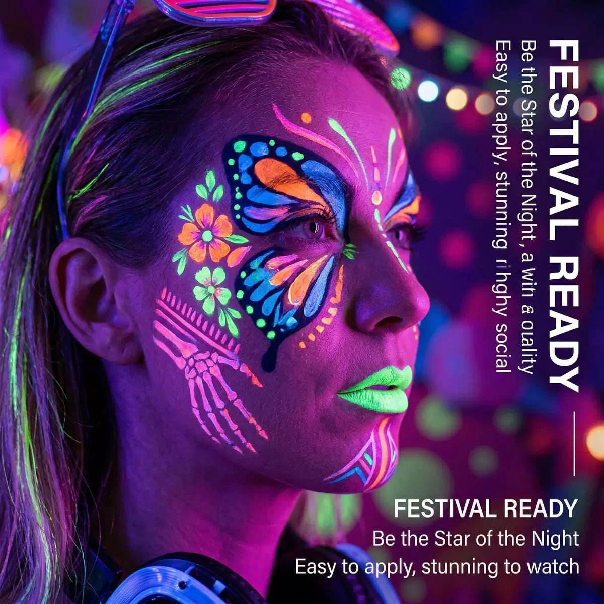 Schminkstiften - Schmink Set Krijtjes - 12 Stuks Kleuren -Fluoriserend UV Neon Glow in the Dark Krijtjes-Giftige Gezichtsverfkrijtjes voor Halloween Cosplay Make-up-Helderste Glow onder UV-Licht — afbeelding 5
