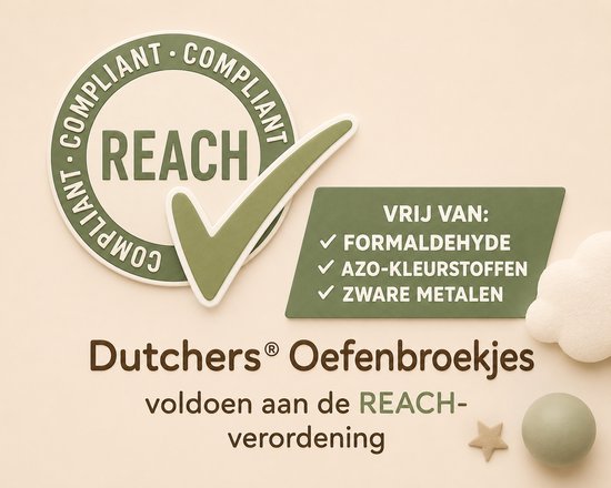 Tekst 'Vrij van Formaldehyde, Azo-kleurstoffen, Zware metalen' met REACH logo.