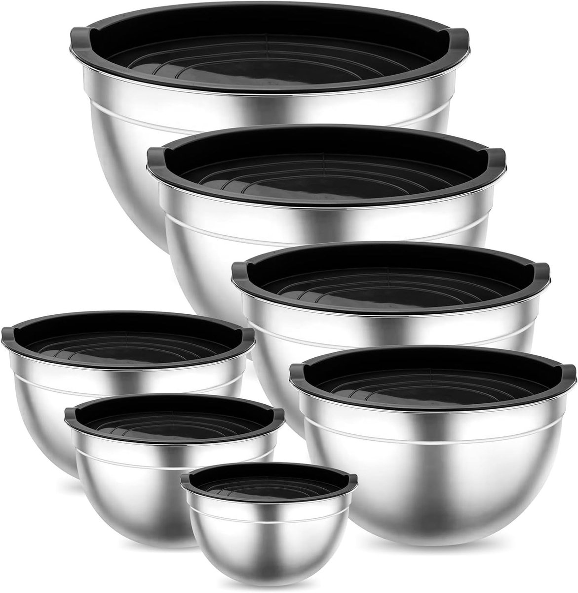 Mixkommen Set van RVS, 7 Stuks met Luchtdichte Deksel, Stapelbaar en Vaatwasserbestendig, Ideaal voor Salades en Bereidingen, 6.5L tot 0.7L