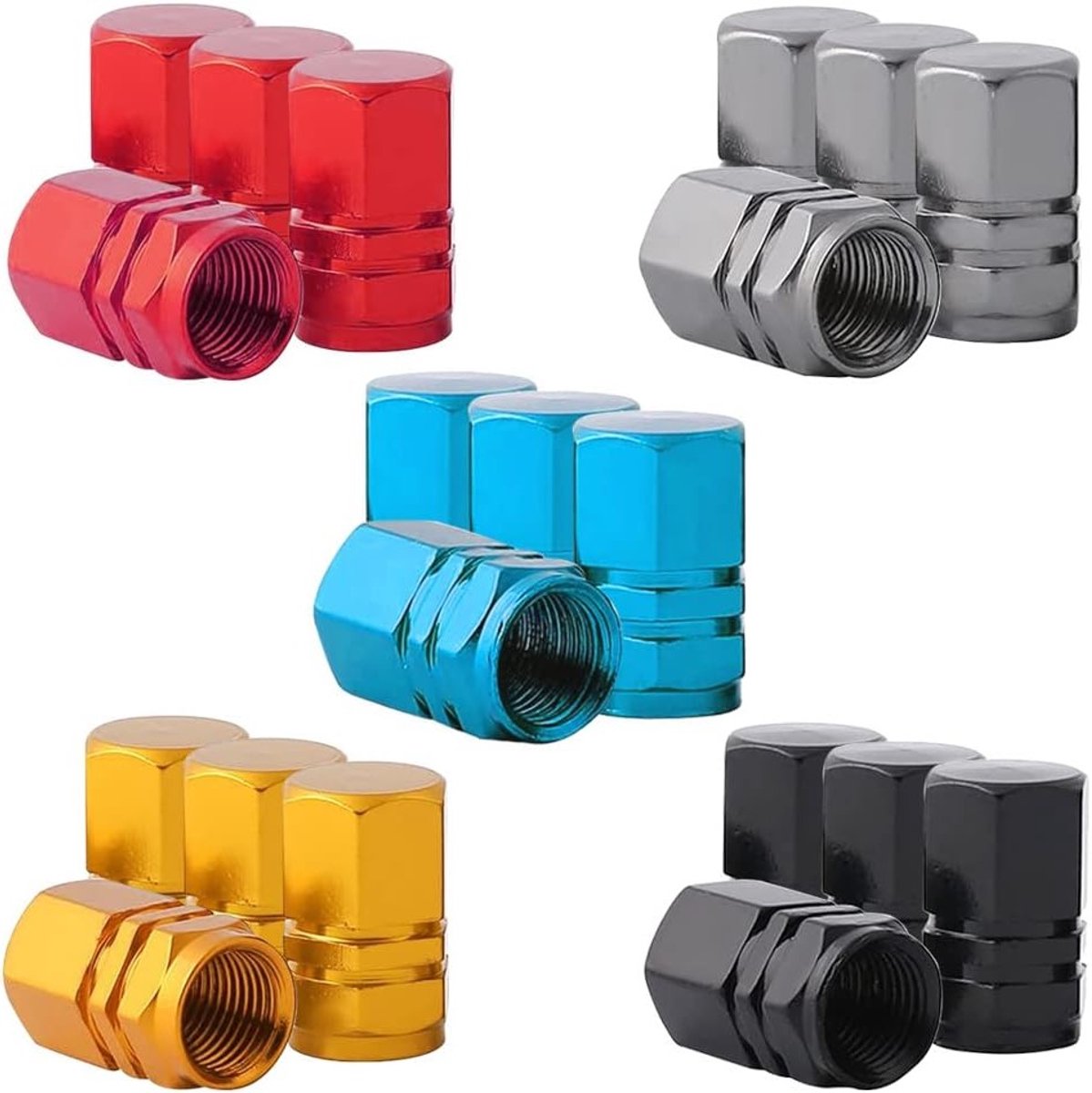 Premium Aluminium Hexagon Ventieldoppen voor Auto, Motor en Fiets - 20 Stuks, Stofdicht en Universeel met Pakking (5 Kleuren)