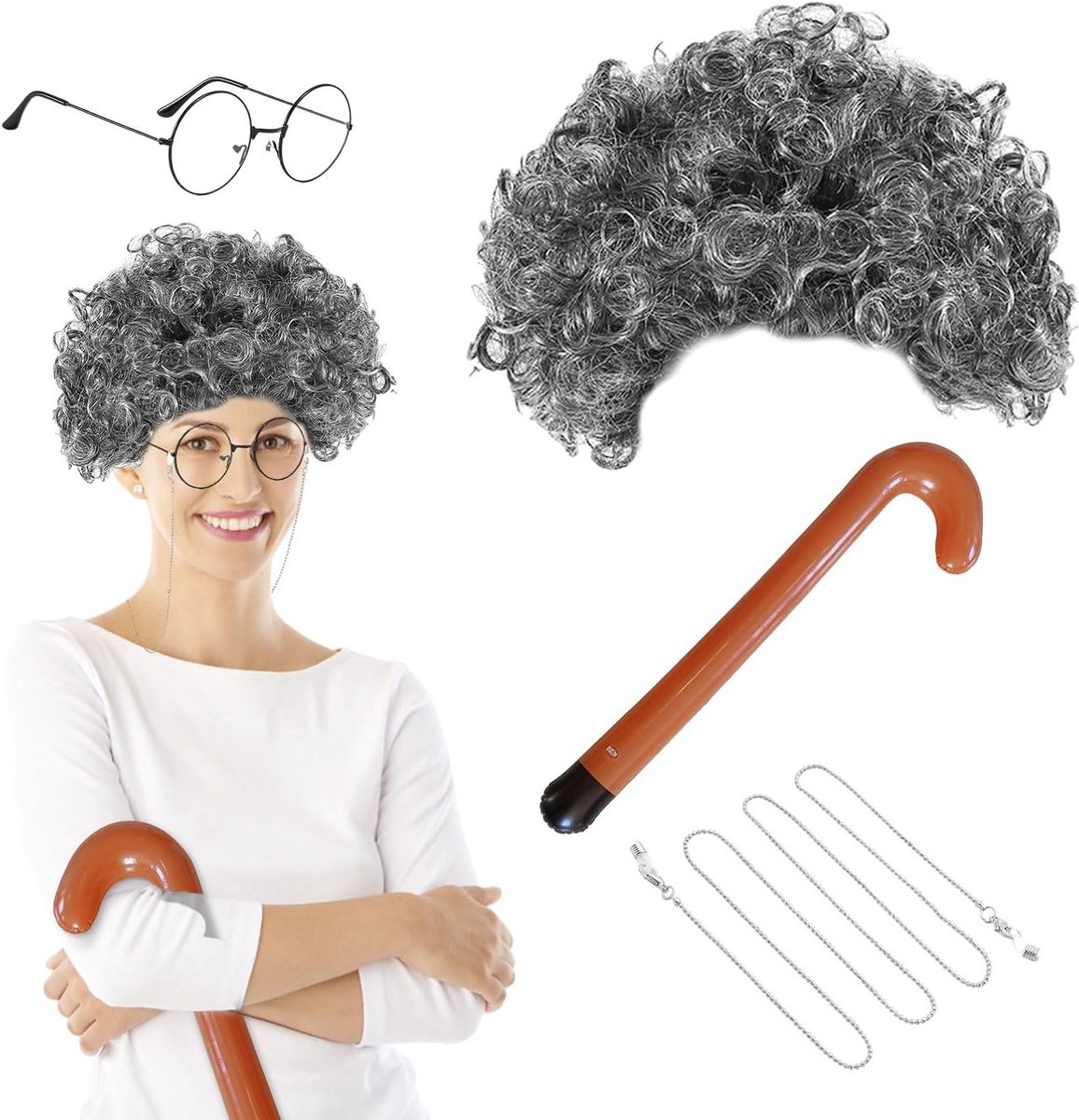 Grijze Krullende Peruk met Bril en Opblaasbare Loopstok voor Oude Vrouw Kostuumaccessoires, Perfect voor Cosplay en Feestjes