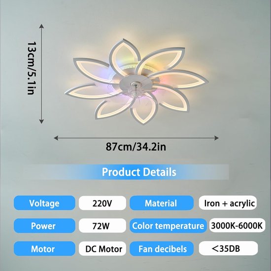 8 Bloem Ventilator Lamp - Moderne Plafondlamp Ventilator - 6 Standen - RGB - Dimbaar - Plafondventilator — afbeelding 3