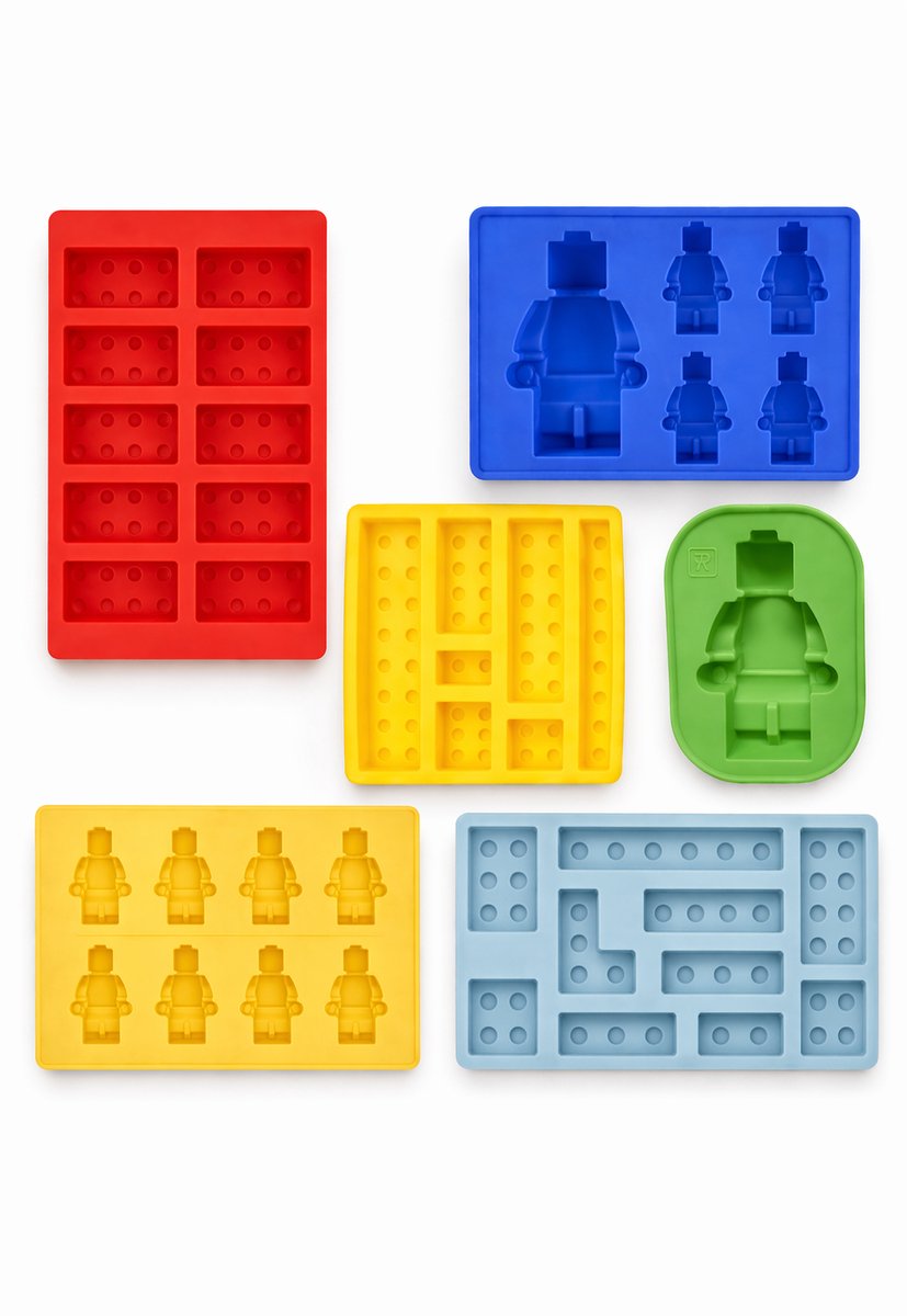 Siliconen bakvormen - Set van 6 - Bouwblokjes & Speelgoedpoppetjes – Snoep & Chocolade - Gelatine - Kaarsjes - IJsblokjes