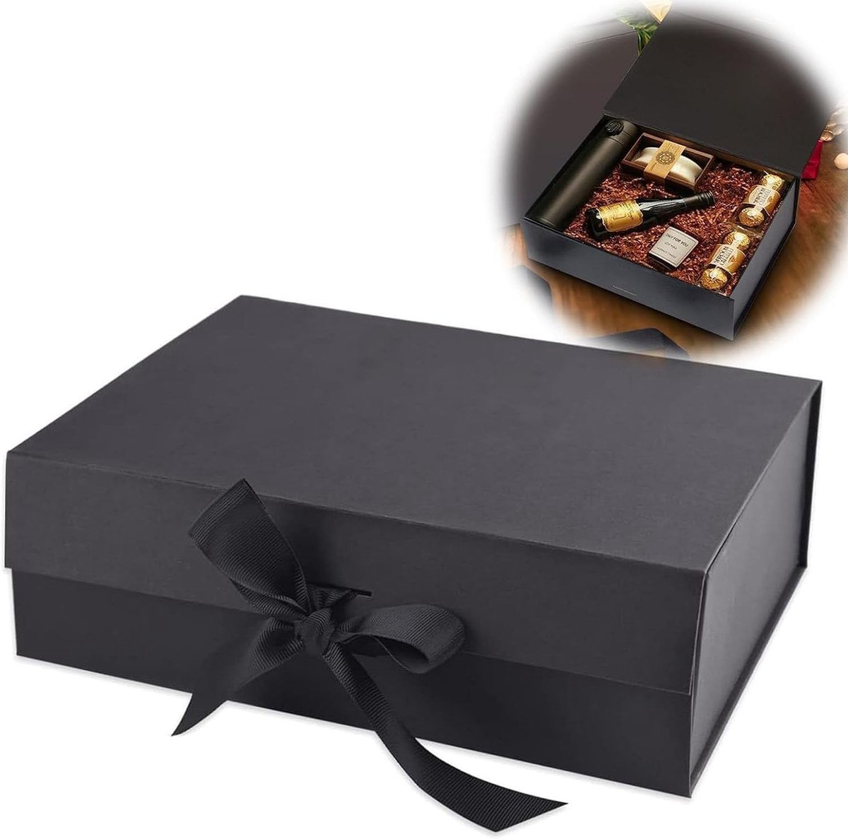 Cadeaubox met Strik, Magnetische Cadeauverpakking met Deksel, Herbruikbare Verpakking voor Verjaardag, Kerst en Valentijnsdag (Zwart)