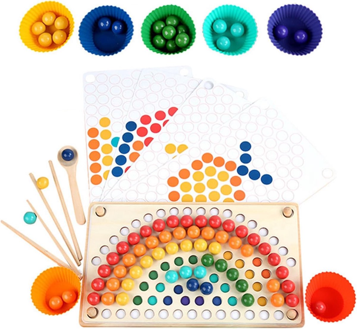 Houten Kralenspel - Regenboog Sorteren - Motorische Vaardigheden - Leren door Spelen - 33 x 20 x 6 cm - Multicolor