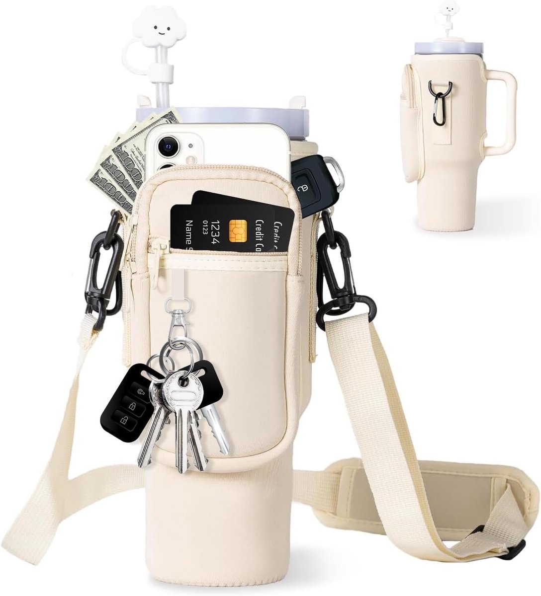 Waterfleshouder geschikt voor - stanley thermosfles stanley beker stanley drinkfles 40 oz - Draagtas - Bekerhouder - stanley cup accessoires - Schoudertas - Telefoonhouder - Beige
