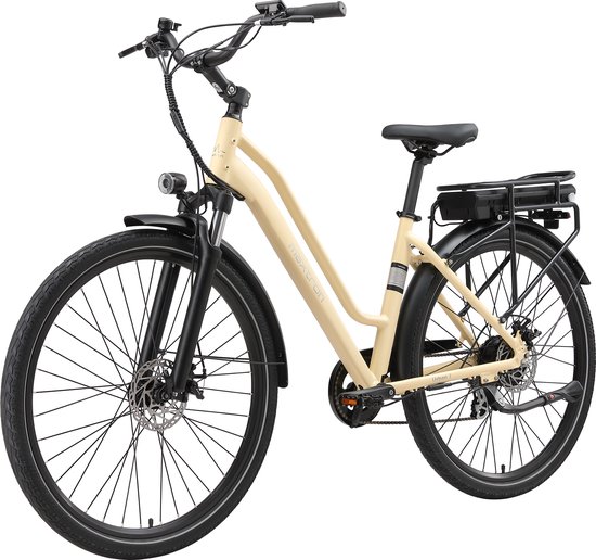Urban7 Elektrische Fiets – 700C×50C Banden – 36V 12.8Ah Accu – Actieradius tot 70 km – Mechanische Schijfremmen – Stadsfiets – Max. Belastbaar 120 kg –Beige