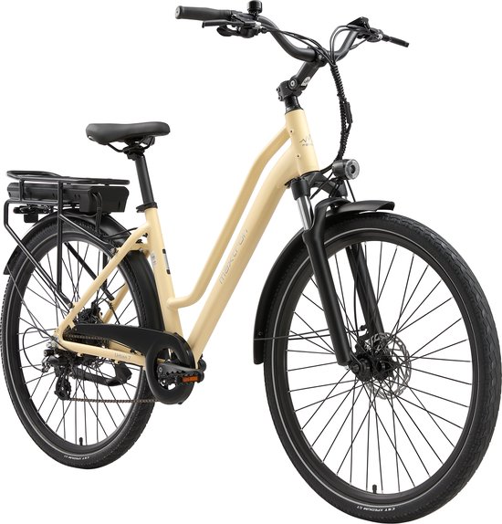 Urban7 Elektrische Fiets – 468.8Wh Accu – Actieradius tot 70 km – 27.5×2.0 Inch Banden – Aluminium Verende Voorvork – Shimano RD-M310 Versnellingssysteem – Mechanische Schijfremmen – Stadsfiets – Max. Belastbaar 120 kg – Beige