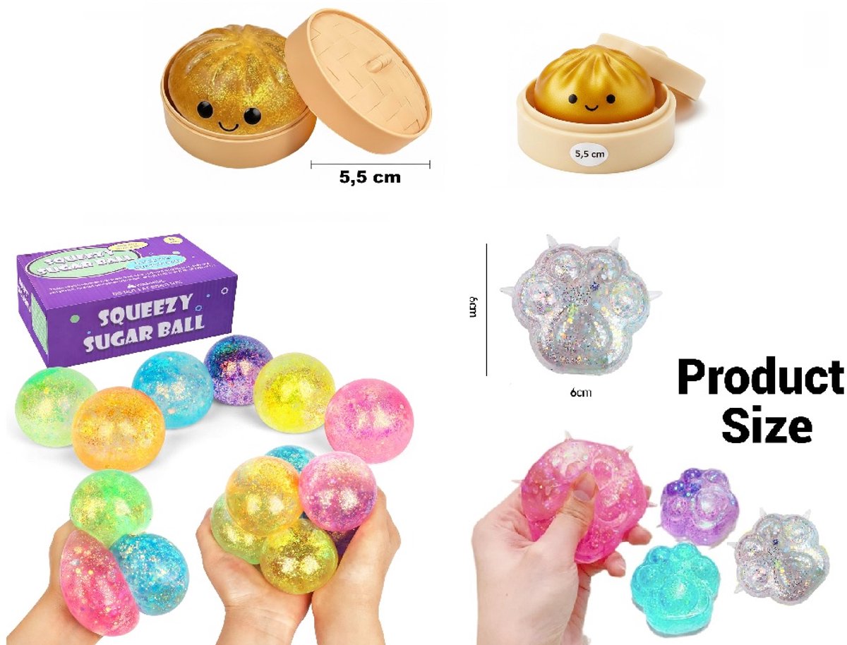Happy Trendz® | De ultieme squishy combo – 3 viral fidget toys in 1 setje! Taba - Squishy - Hondenpoot Kattenpoot Sugar Glitter - Dumpling Bun Squishy - Hit Tiktok - Sugar ball need - super viral package Fidget Release