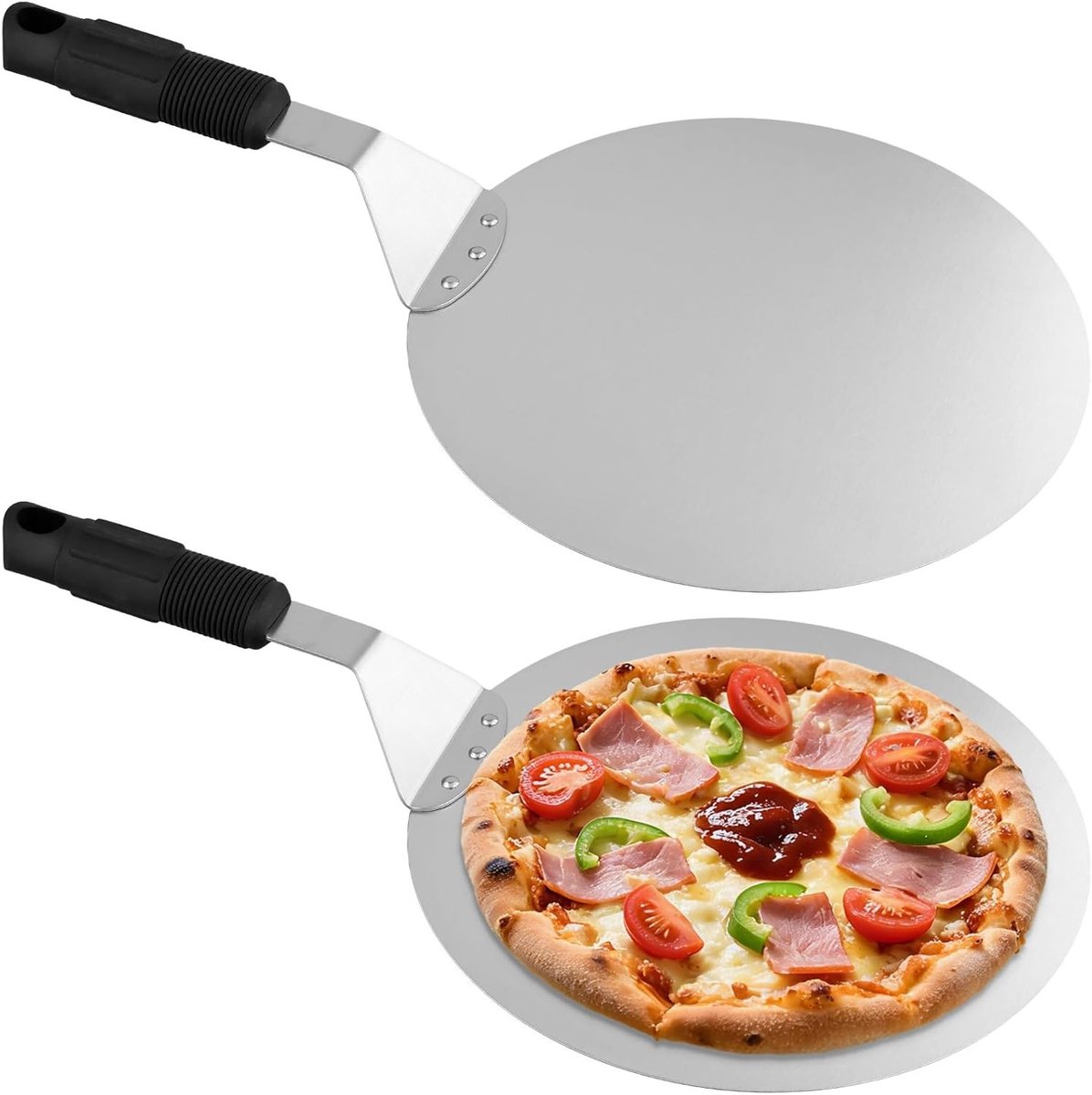 2 Pack Pizza Peel 25,5 cm - RVS Pizza Paddle met Zwart Plastic Handvat, Ideaal voor Oven Bakken van Zelfgemaakte Pizza's en Brood