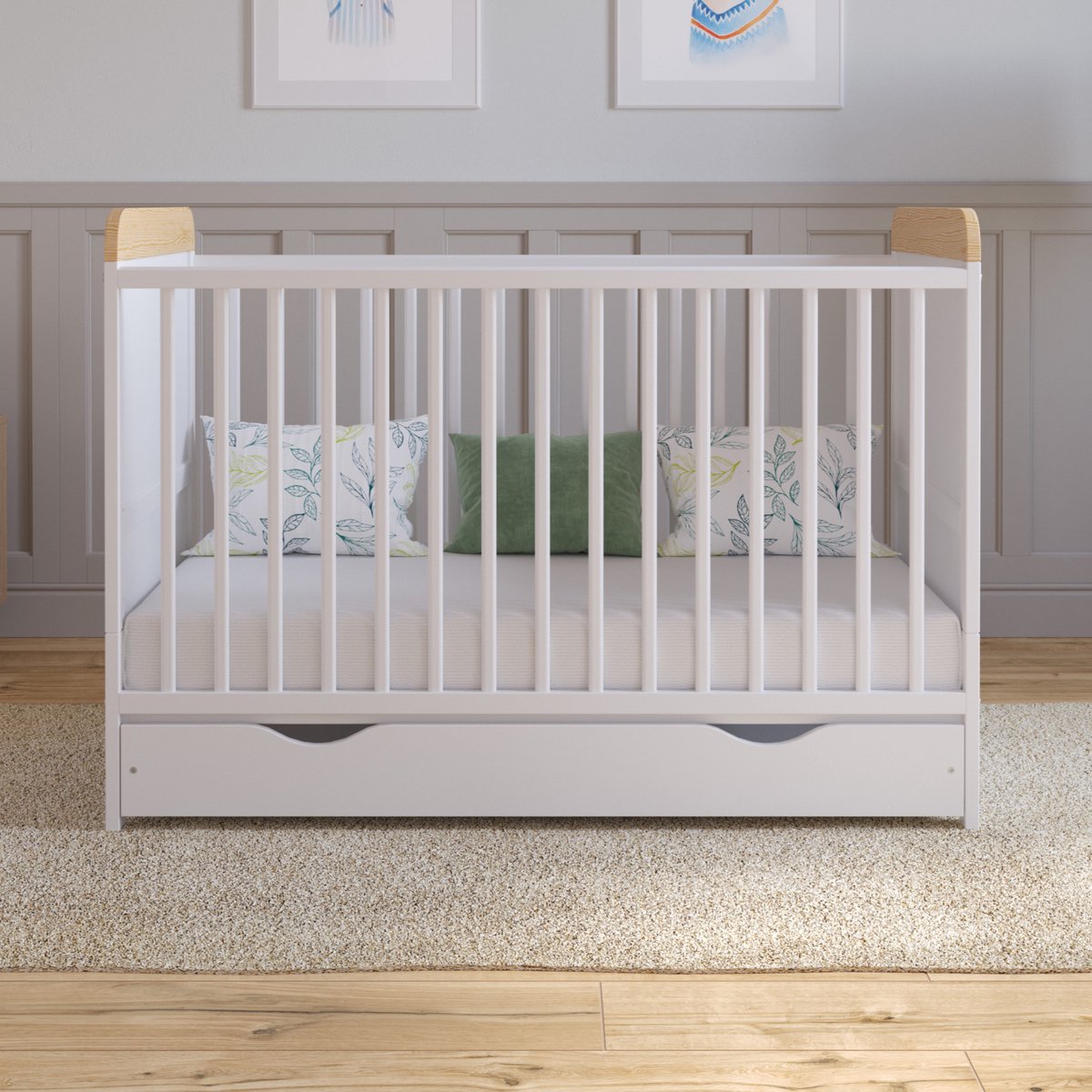 Love For Sleep Levi Babybedje 2-in-1 – Meegroeibed 120x60 cm – Inclusief Hypoallergeen Matras & Open Schuiflade – Massief Grenenhout – Wit-Grenen