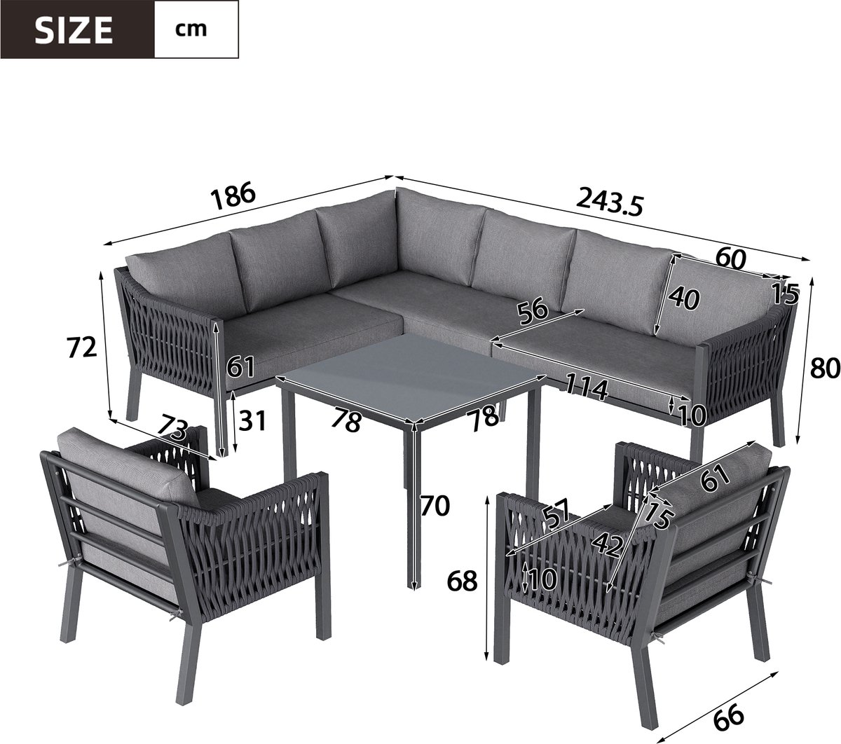 BLACKCOLORS Tuin-eetset 8 pers: hoekbank met glazen tafels thumbnail 3