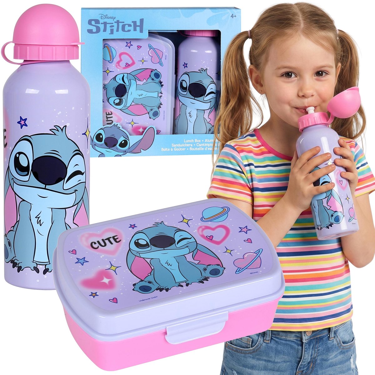 DISNEY Stitch Ontbijtset, ontbijtdoos + fles van 500 ml, lunchbox voor meisjes