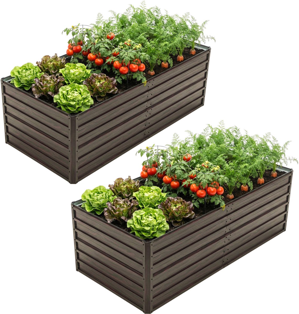 Metalen Verhoogd Tuinbed set van 2 - 190x90x64 cm - Open aan de onderkant - Moestuinbak – Duurzame Roestvrije Plantenbak voor groenten, bloemen, balkons en tuinen - Houtkleur